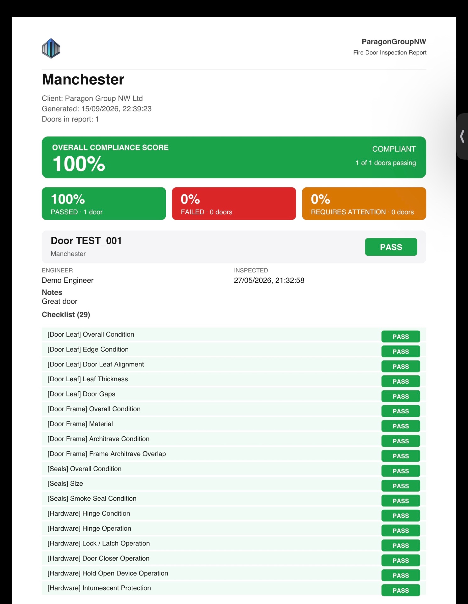 Paragon fire door inspection report showing a compliant building score and detailed checklist