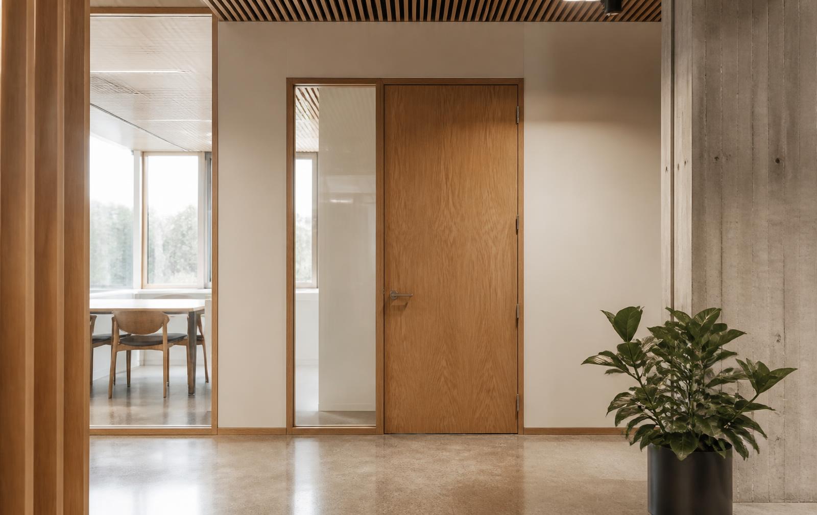 A timber fire-rated door in a bright commercial building corridor