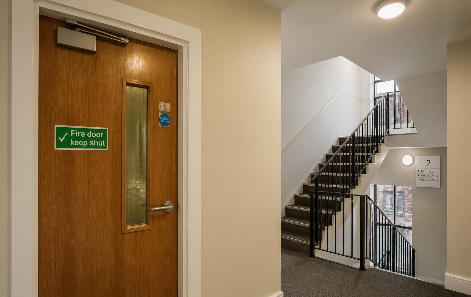 A fire door with keep shut signage in a residential stairwell