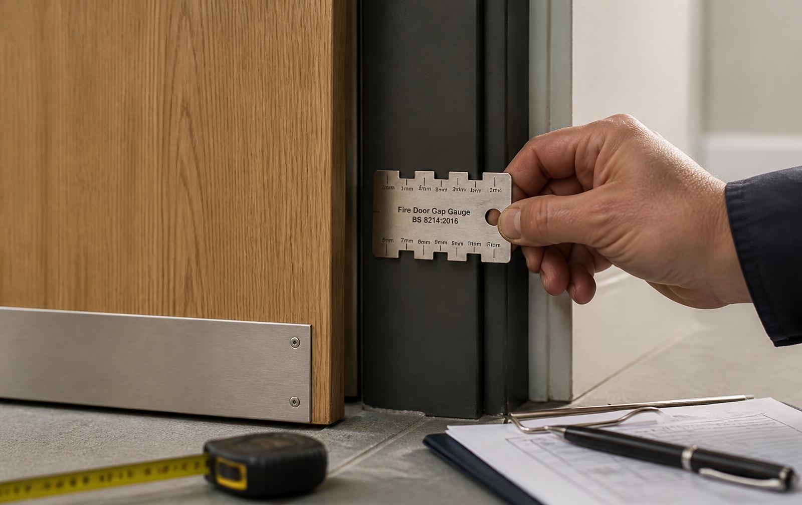 An inspector measuring the gap between a fire door leaf and its frame