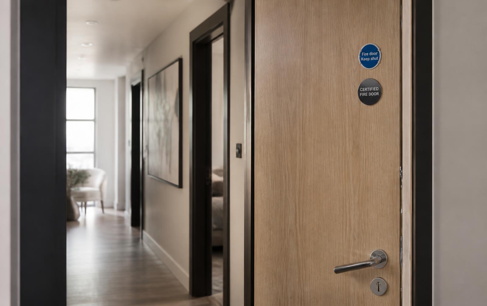 A certified fire door in a modern residential apartment corridor